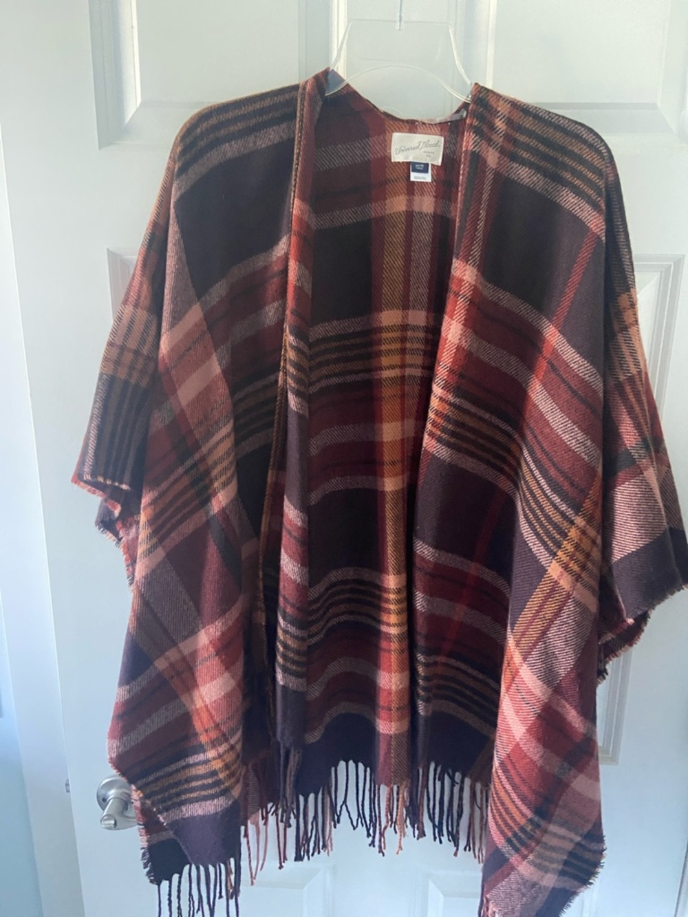 Universal Thread Plaid Fringe Poncho in Burgundy and Rust Tones